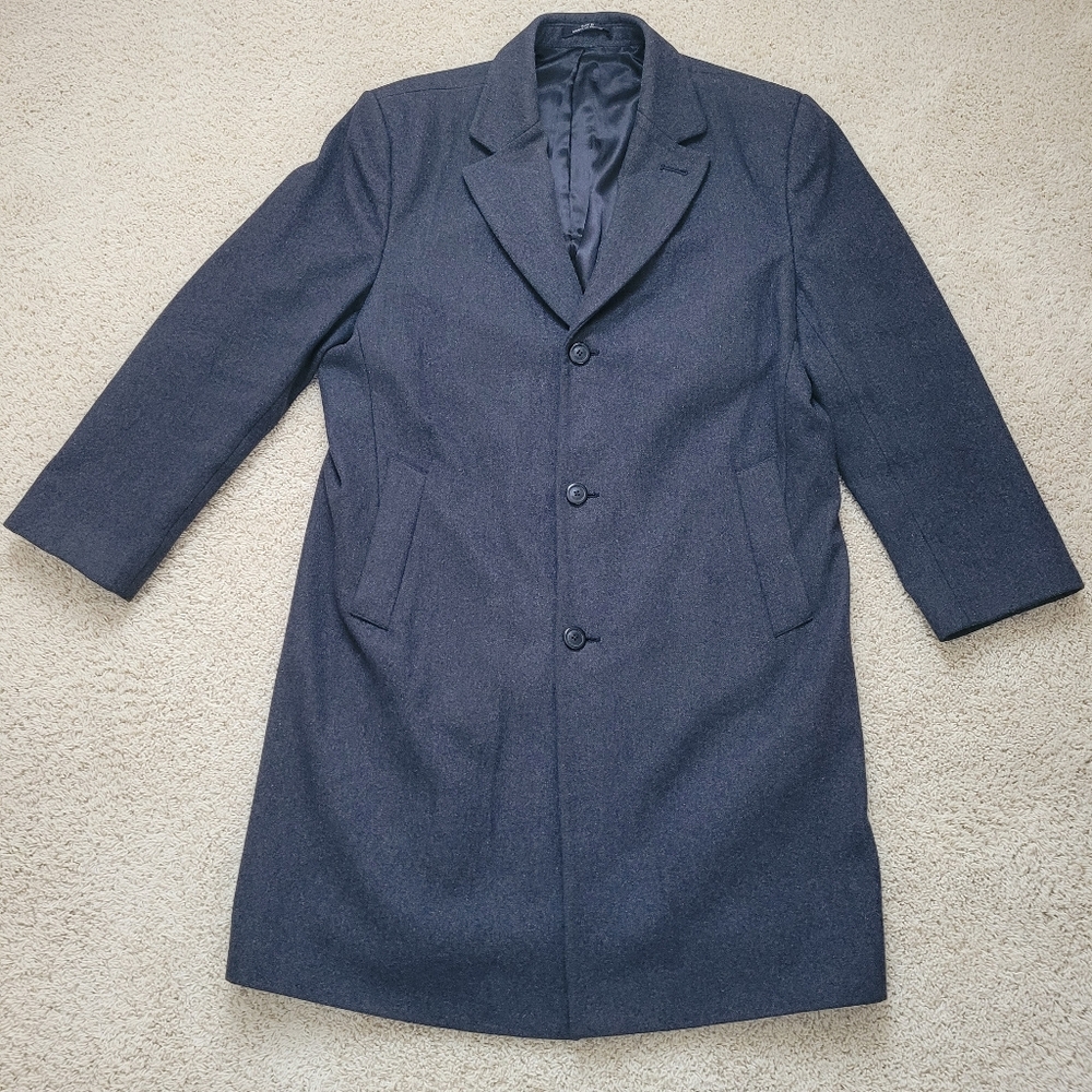London Fog Men's 46R Wool Blend Gray Long Dress Coat Overcoat Topcoat Career